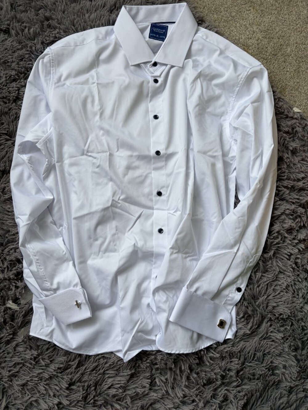 Gollnwe White French Cuff Dress Shirt XL Black Button Formal Business Shirt - Picture 2 of 3